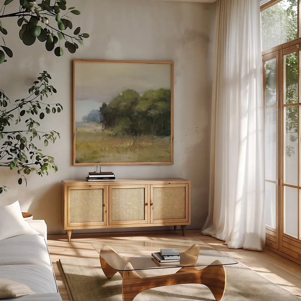 Edge of the Forest by Julia Purinton. Shown in a natural wood frame in a cozy modern living room. Available as an archival giclee rolled canvas, fine art paper, or poster print. SKU 91092a.