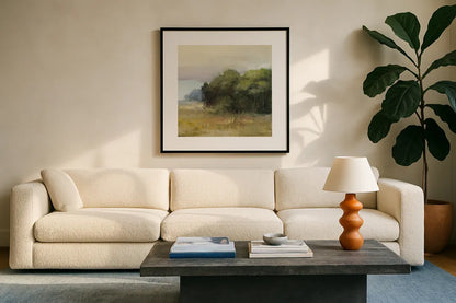Edge of the Forest by Julia Purinton. Displayed in a glass frame with matte in a clean modern living room. Available as an archival giclee rolled canvas, fine art paper, or poster print. SKU 91092a.