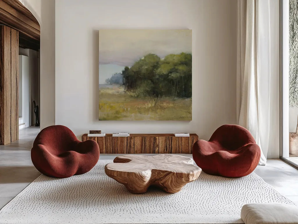 Edge of the Forest by Julia Purinton. Shown as extra-large giant wall art in a modern living room. Available as an archival giclee rolled canvas, fine art paper, or poster print. SKU 91092a.