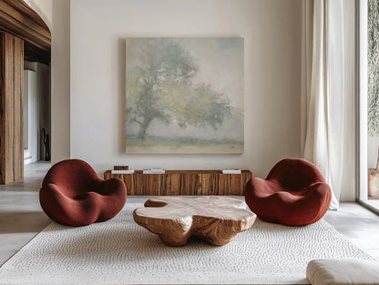 Edge of the Orchard by Julia Purinton. Shown as extra-large giant wall art in a modern living room. Available as an archival giclee rolled canvas, fine art paper, or poster print. SKU 73244a.