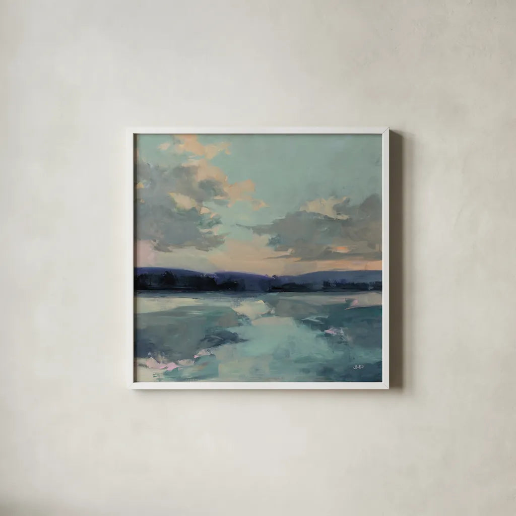 Ephemeral Sky by Julia Purinton. Shown in a crisp white glass frame for a clean and minimalist style. Available as an archival giclee rolled canvas, fine art paper, or poster print. SKU 82571a.