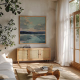 Ephemeral Sky by Julia Purinton. Shown in a natural wood frame in a cozy modern living room. Available as an archival giclee rolled canvas, fine art paper, or poster print. SKU 82571a.