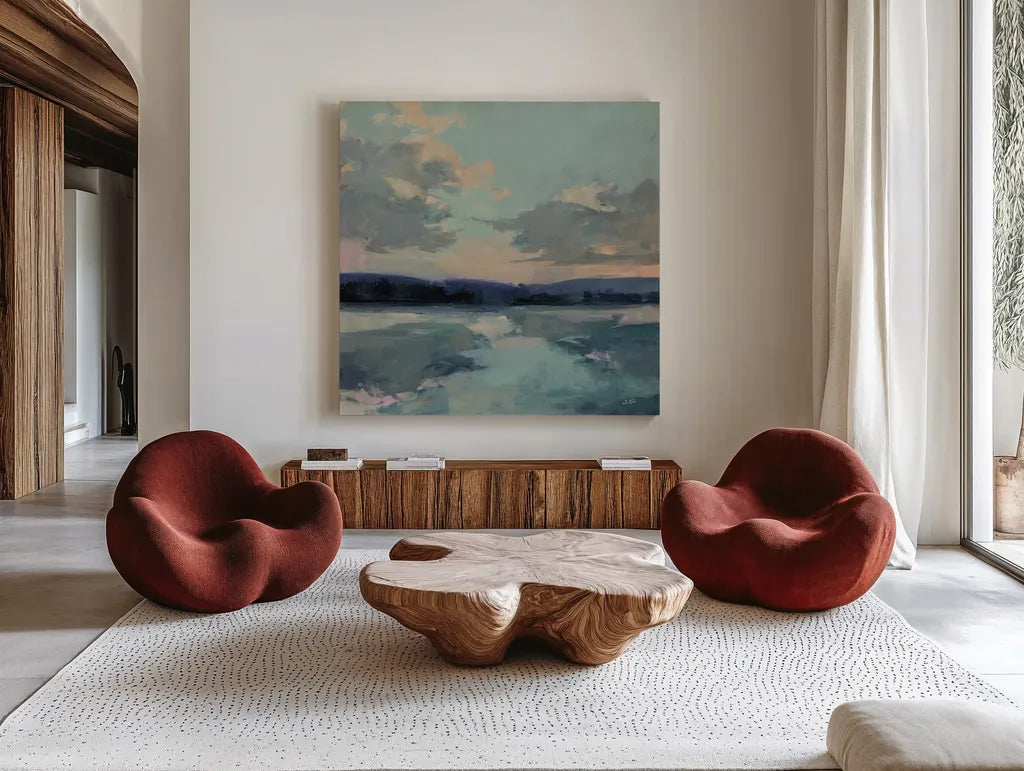 Ephemeral Sky by Julia Purinton. Shown as extra-large giant wall art in a modern living room. Available as an archival giclee rolled canvas, fine art paper, or poster print. SKU 82571a.