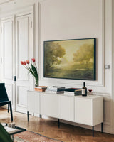 Evening Solitude by Julia Purinton. shown as a framed stretched canvas in a living room above a console. Available as a archival giclee rolled canvas, fine art paper, or poster print. SKU 85167i.