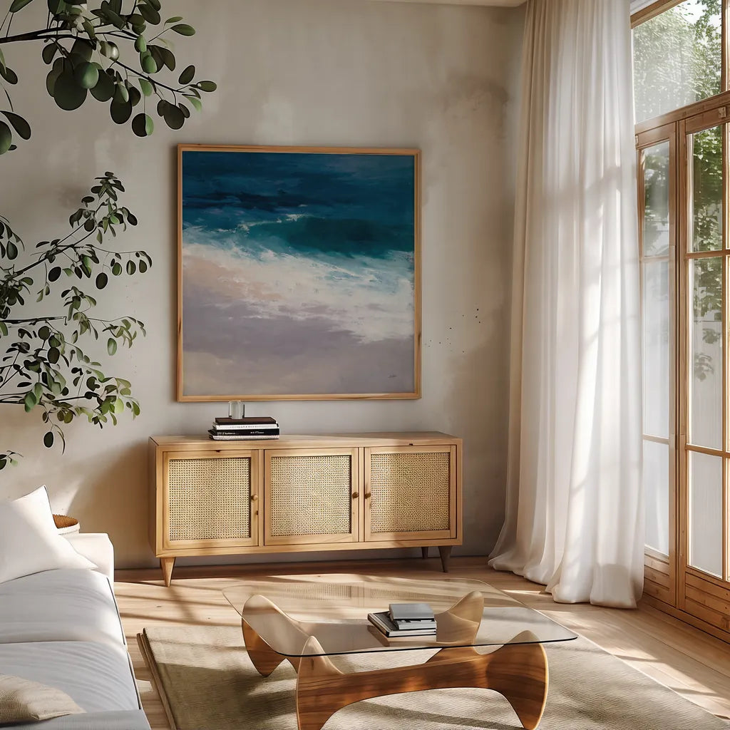 Evening Tide by Julia Purinton. Shown in a natural wood frame in a cozy modern living room. Available as an archival giclee rolled canvas, fine art paper, or poster print. SKU 60267a.