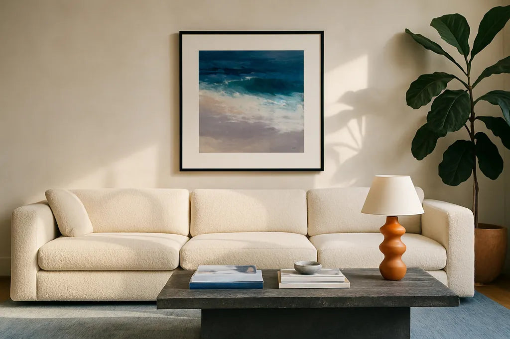 Evening Tide by Julia Purinton. Displayed in a glass frame with matte in a clean modern living room. Available as an archival giclee rolled canvas, fine art paper, or poster print. SKU 60267a.