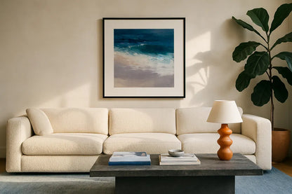 Evening Tide by Julia Purinton. Displayed in a glass frame with matte in a clean modern living room. Available as an archival giclee rolled canvas, fine art paper, or poster print. SKU 60267a.