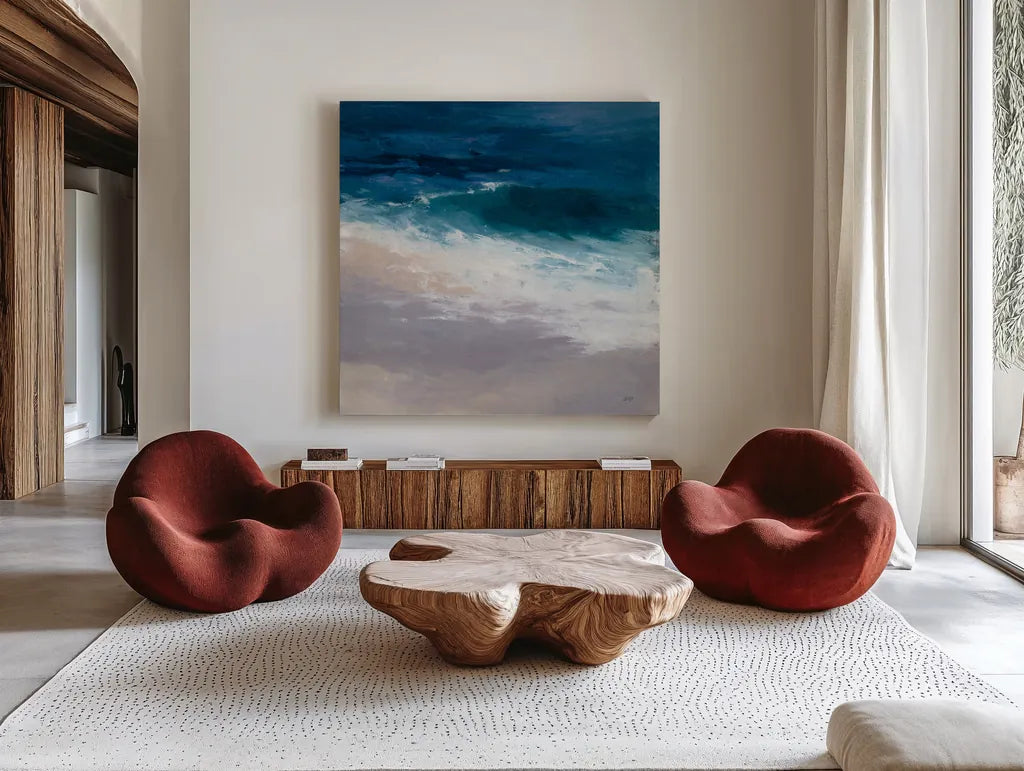 Evening Tide by Julia Purinton. Shown as extra-large giant wall art in a modern living room. Available as an archival giclee rolled canvas, fine art paper, or poster print. SKU 60267a.