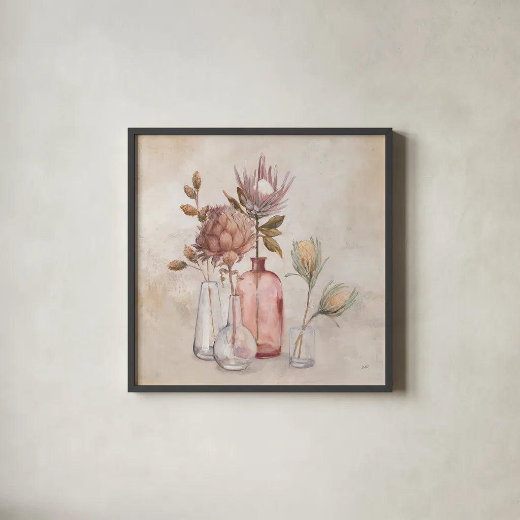 Exotic Florals by Julia Purinton. Shown in a sleek black glass frame for a contemporary gallery look. Available as an archival giclee rolled canvas, fine art paper, or poster print. SKU 71917a.