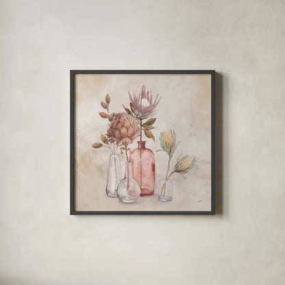 Exotic Florals by Julia Purinton. Shown in a sleek black glass frame for a contemporary gallery look. Available as an archival giclee rolled canvas, fine art paper, or poster print. SKU 71917a.