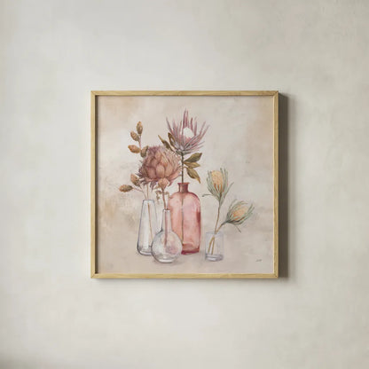 Exotic Florals by Julia Purinton. Shown in a natural wood glass frame for a timeless modern aesthetic. Available as an archival giclee rolled canvas, fine art paper, or poster print. SKU 71917a.