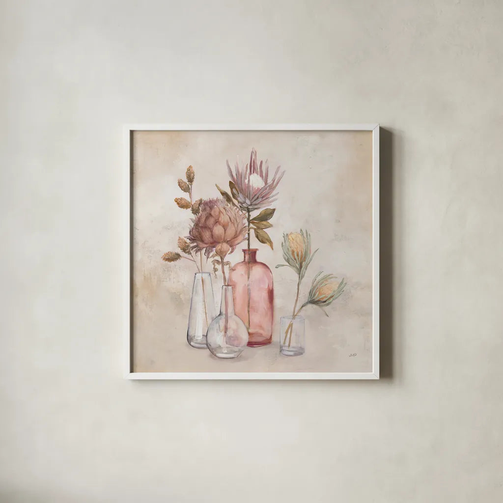 Exotic Florals by Julia Purinton. Shown in a crisp white glass frame for a clean and minimalist style. Available as an archival giclee rolled canvas, fine art paper, or poster print. SKU 71917a.