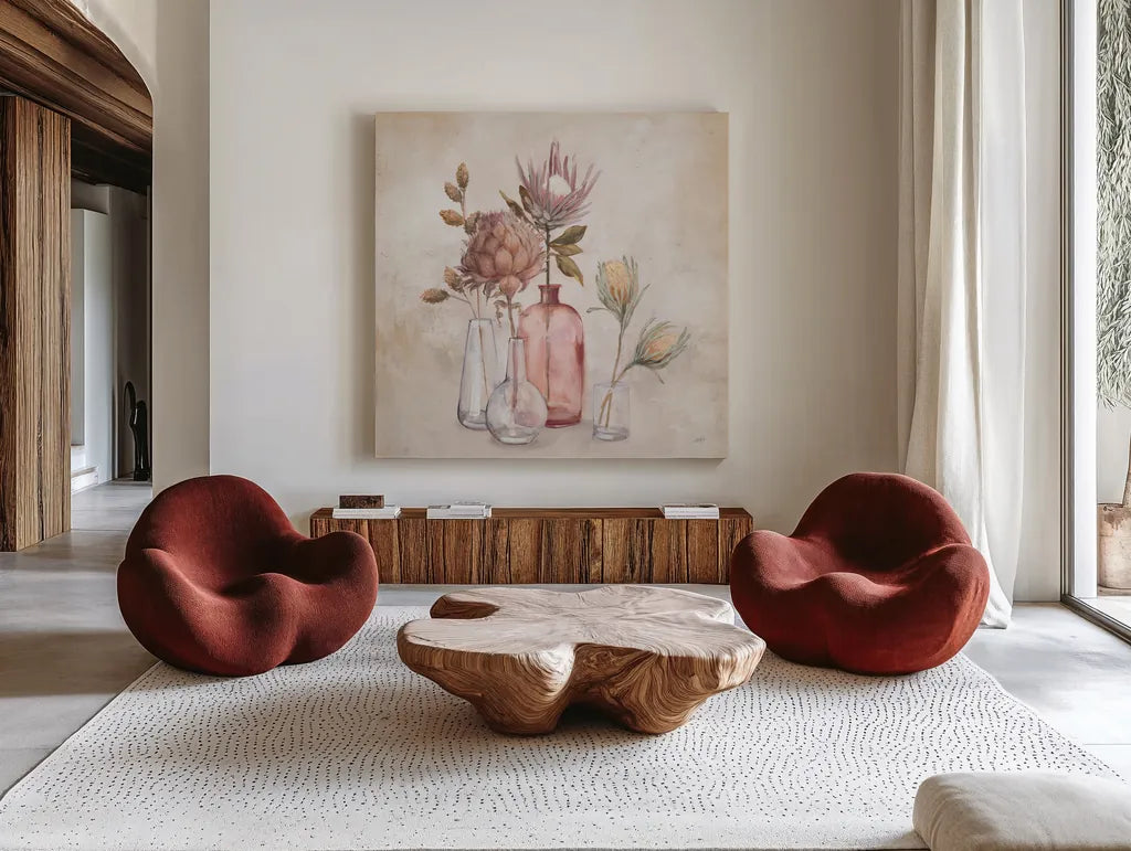 Exotic Florals by Julia Purinton. Shown as extra-large giant wall art in a modern living room. Available as an archival giclee rolled canvas, fine art paper, or poster print. SKU 71917a.