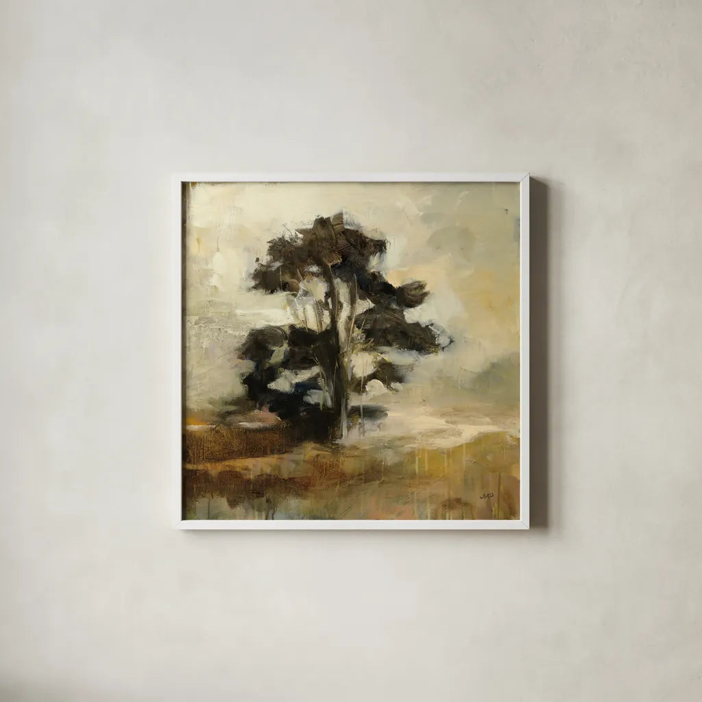 Fall Tree by Julia Purinton. Shown in a crisp white glass frame for a clean and minimalist style. Available as an archival giclee rolled canvas, fine art paper, or poster print. SKU 76013a.
