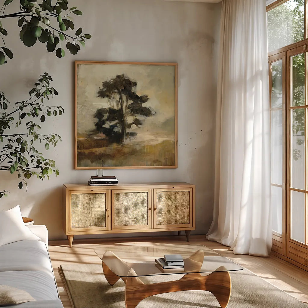 Fall Tree by Julia Purinton. Shown in a natural wood frame in a cozy modern living room. Available as an archival giclee rolled canvas, fine art paper, or poster print. SKU 76013a.