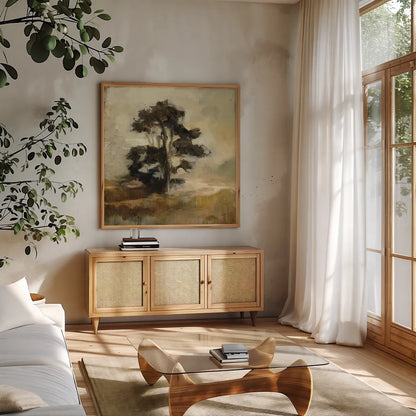 Fall Tree by Julia Purinton. Shown in a natural wood frame in a cozy modern living room. Available as an archival giclee rolled canvas, fine art paper, or poster print. SKU 76013a.