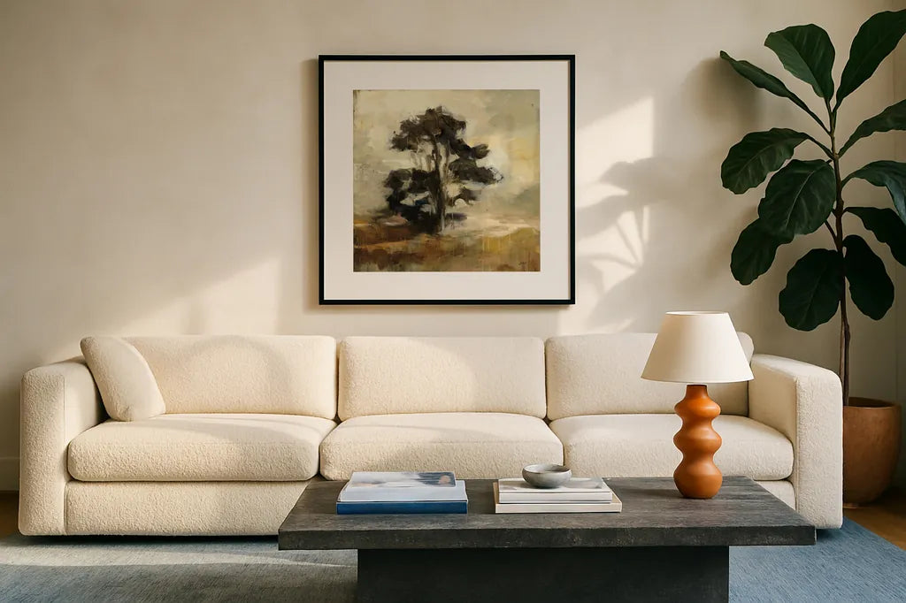 Fall Tree by Julia Purinton. Displayed in a glass frame with matte in a clean modern living room. Available as an archival giclee rolled canvas, fine art paper, or poster print. SKU 76013a.