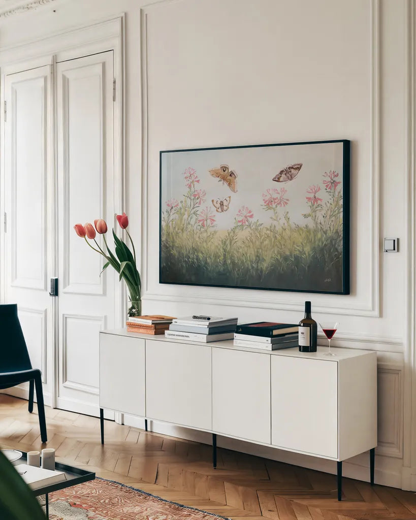 Fallow Field by Julia Purinton. shown as a framed stretched canvas in a living room above a console. Available as a archival giclee rolled canvas, fine art paper, or poster print. SKU 91063i.