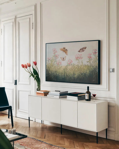 Fallow Field by Julia Purinton. shown as a framed stretched canvas in a living room above a console. Available as a archival giclee rolled canvas, fine art paper, or poster print. SKU 91063i.