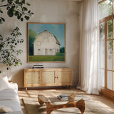 Farm Heritage by Julia Purinton. Shown in a natural wood frame in a cozy modern living room. Available as an archival giclee rolled canvas, fine art paper, or poster print. SKU 55364a.