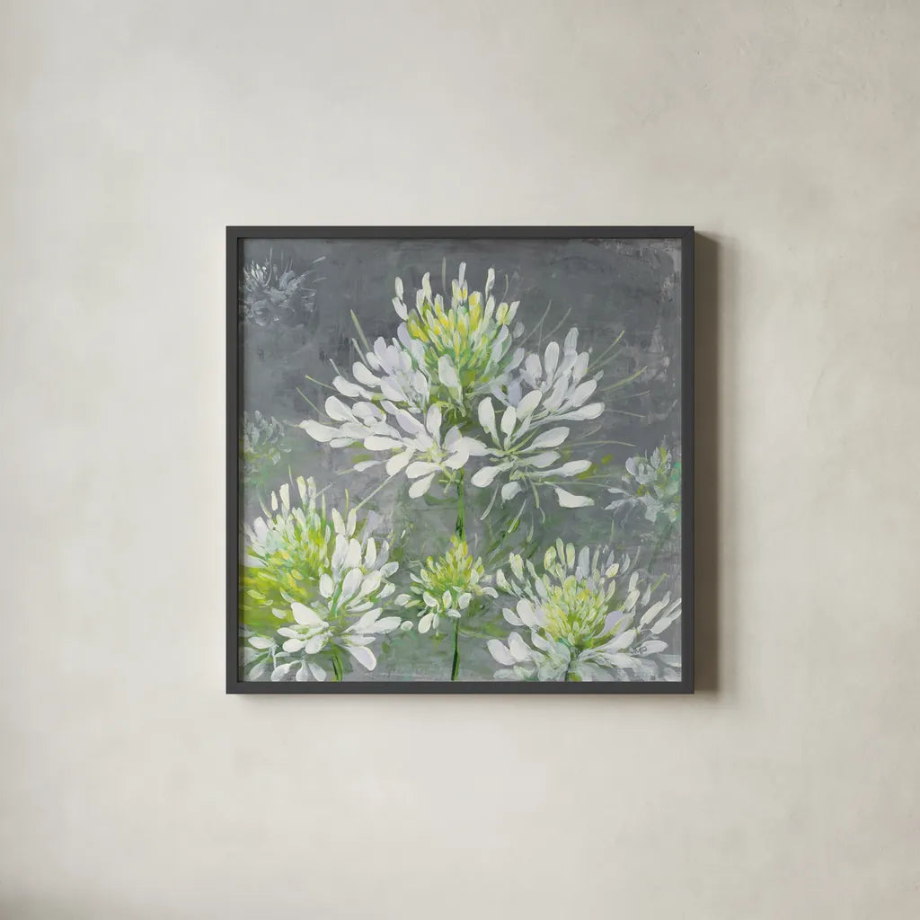 Farmhouse Cleome I by Julia Purinton. Shown in a sleek black glass frame for a contemporary gallery look. Available as an archival giclee rolled canvas, fine art paper, or poster print. SKU 47857a.