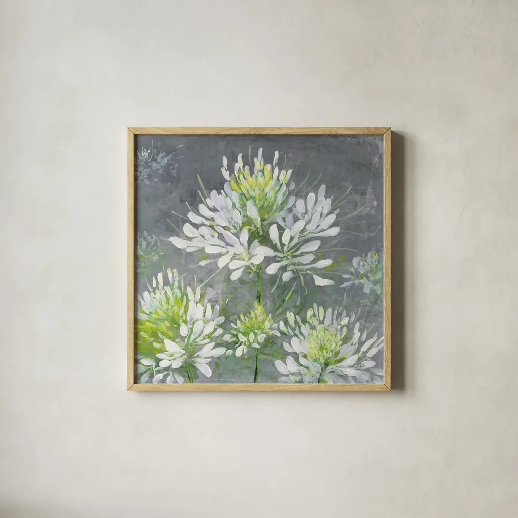 Farmhouse Cleome I by Julia Purinton. Shown in a natural wood glass frame for a timeless modern aesthetic. Available as an archival giclee rolled canvas, fine art paper, or poster print. SKU 47857a.