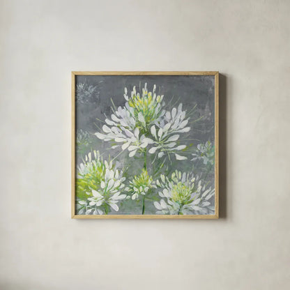 Farmhouse Cleome I by Julia Purinton. Shown in a natural wood glass frame for a timeless modern aesthetic. Available as an archival giclee rolled canvas, fine art paper, or poster print. SKU 47857a.