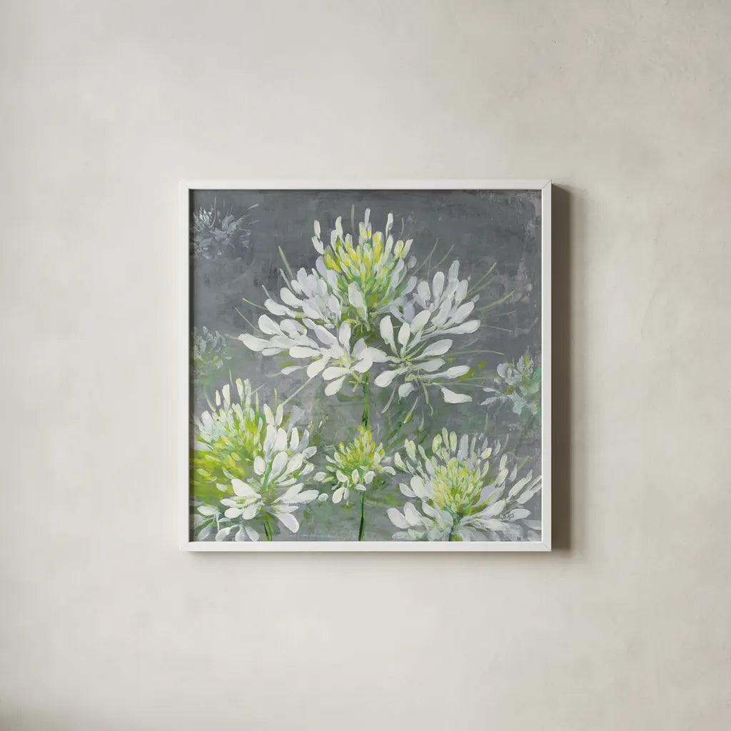 Farmhouse Cleome I by Julia Purinton. Shown in a crisp white glass frame for a clean and minimalist style. Available as an archival giclee rolled canvas, fine art paper, or poster print. SKU 47857a.