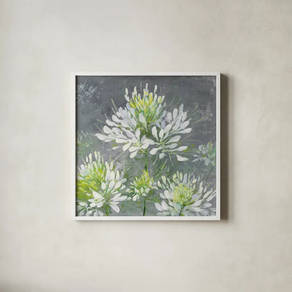 Farmhouse Cleome I by Julia Purinton. Shown in a crisp white glass frame for a clean and minimalist style. Available as an archival giclee rolled canvas, fine art paper, or poster print. SKU 47857a.