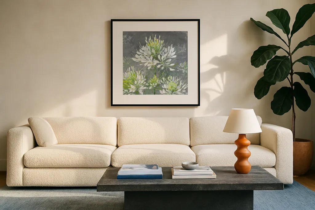 Farmhouse Cleome I by Julia Purinton. Displayed in a glass frame with matte in a clean modern living room. Available as an archival giclee rolled canvas, fine art paper, or poster print. SKU 47857a.