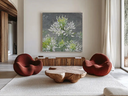 Farmhouse Cleome I by Julia Purinton. Shown as extra-large giant wall art in a modern living room. Available as an archival giclee rolled canvas, fine art paper, or poster print. SKU 47857a.