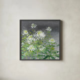 Farmhouse Cleome II by Julia Purinton. Shown in a sleek black glass frame for a contemporary gallery look. Available as an archival giclee rolled canvas, fine art paper, or poster print. SKU 47858a.