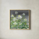 Farmhouse Cleome II by Julia Purinton. Shown in a natural wood glass frame for a timeless modern aesthetic. Available as an archival giclee rolled canvas, fine art paper, or poster print. SKU 47858a.