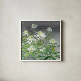 Farmhouse Cleome II by Julia Purinton. Shown in a crisp white glass frame for a clean and minimalist style. Available as an archival giclee rolled canvas, fine art paper, or poster print. SKU 47858a.