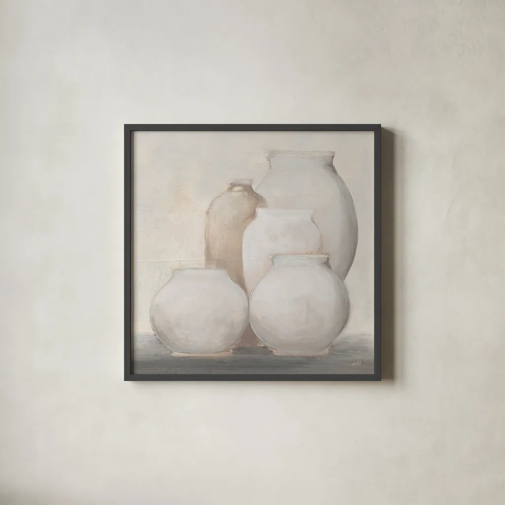 Farmhouse Vases by Julia Purinton. Shown in a sleek black glass frame for a contemporary gallery look. Available as an archival giclee rolled canvas, fine art paper, or poster print. SKU 82607a.