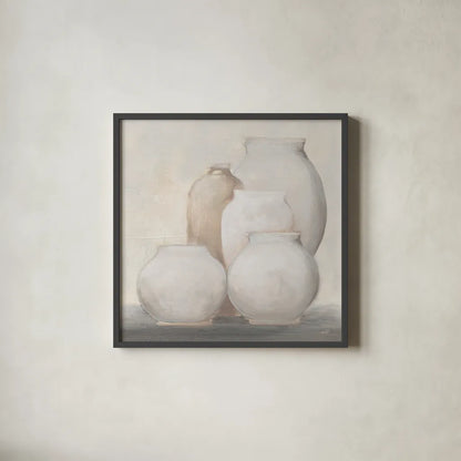 Farmhouse Vases by Julia Purinton. Shown in a sleek black glass frame for a contemporary gallery look. Available as an archival giclee rolled canvas, fine art paper, or poster print. SKU 82607a.