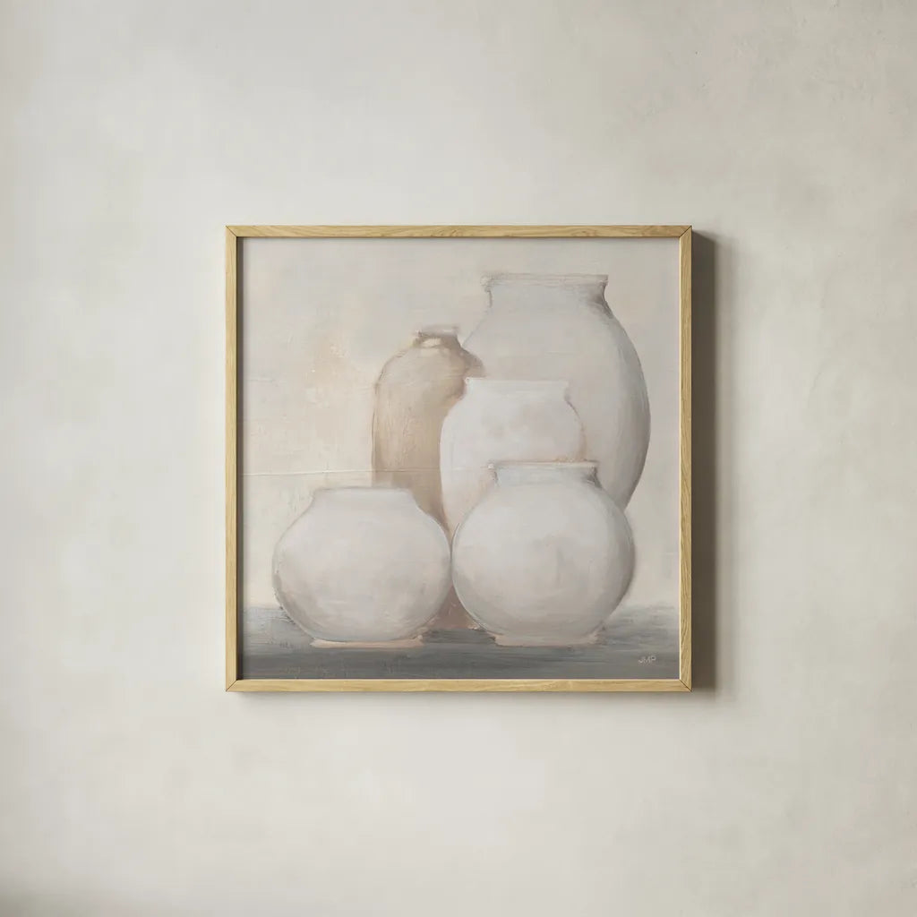 Farmhouse Vases by Julia Purinton. Shown in a natural wood glass frame for a timeless modern aesthetic. Available as an archival giclee rolled canvas, fine art paper, or poster print. SKU 82607a.