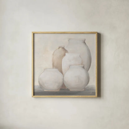 Farmhouse Vases by Julia Purinton. Shown in a natural wood glass frame for a timeless modern aesthetic. Available as an archival giclee rolled canvas, fine art paper, or poster print. SKU 82607a.