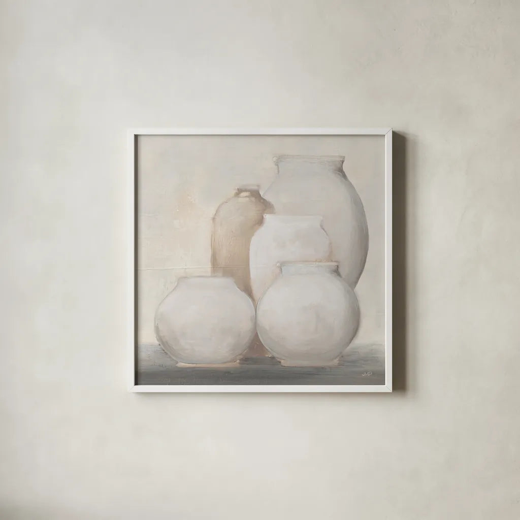Farmhouse Vases by Julia Purinton. Shown in a crisp white glass frame for a clean and minimalist style. Available as an archival giclee rolled canvas, fine art paper, or poster print. SKU 82607a.
