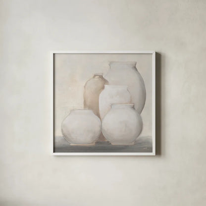 Farmhouse Vases by Julia Purinton. Shown in a crisp white glass frame for a clean and minimalist style. Available as an archival giclee rolled canvas, fine art paper, or poster print. SKU 82607a.