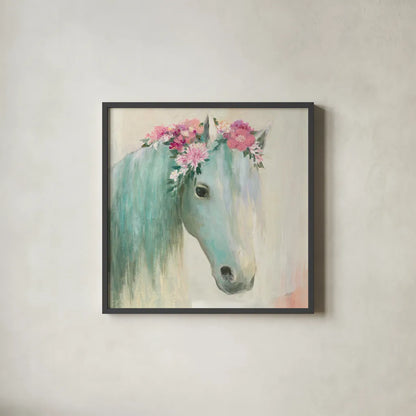 Festival Girl I by Julia Purinton. Shown in a sleek black glass frame for a contemporary gallery look. Available as an archival giclee rolled canvas, fine art paper, or poster print. SKU 50137a.