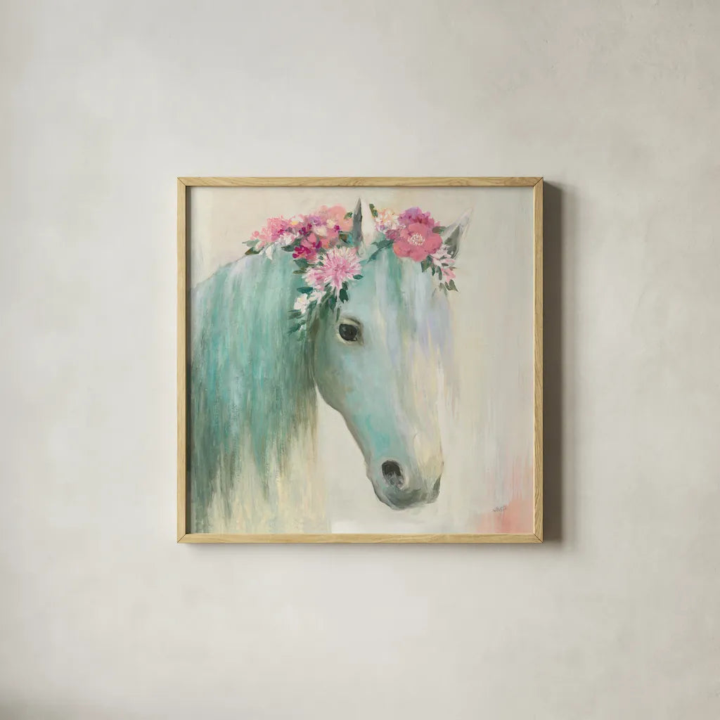 Festival Girl I by Julia Purinton. Shown in a natural wood glass frame for a timeless modern aesthetic. Available as an archival giclee rolled canvas, fine art paper, or poster print. SKU 50137a.