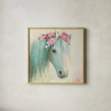 Festival Girl I by Julia Purinton. Shown in a natural wood glass frame for a timeless modern aesthetic. Available as an archival giclee rolled canvas, fine art paper, or poster print. SKU 50137a.