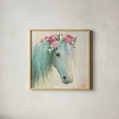 Festival Girl I by Julia Purinton. Shown in a natural wood glass frame for a timeless modern aesthetic. Available as an archival giclee rolled canvas, fine art paper, or poster print. SKU 50137a.