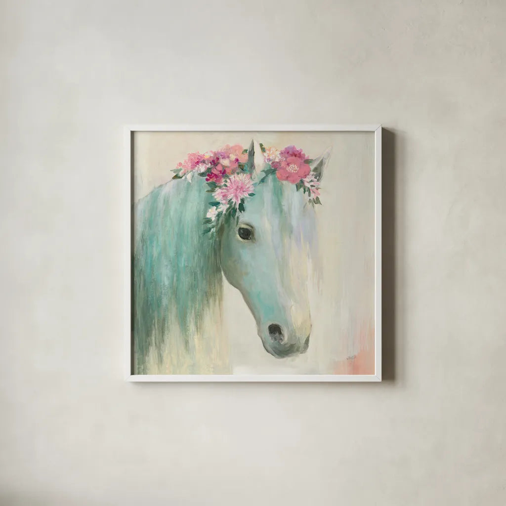 Festival Girl I by Julia Purinton. Shown in a crisp white glass frame for a clean and minimalist style. Available as an archival giclee rolled canvas, fine art paper, or poster print. SKU 50137a.