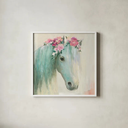 Festival Girl I by Julia Purinton. Shown in a crisp white glass frame for a clean and minimalist style. Available as an archival giclee rolled canvas, fine art paper, or poster print. SKU 50137a.