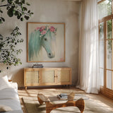 Festival Girl I by Julia Purinton. Shown in a natural wood frame in a cozy modern living room. Available as an archival giclee rolled canvas, fine art paper, or poster print. SKU 50137a.
