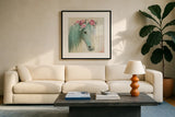 Festival Girl I by Julia Purinton. Displayed in a glass frame with matte in a clean modern living room. Available as an archival giclee rolled canvas, fine art paper, or poster print. SKU 50137a.