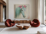 Festival Girl I by Julia Purinton. Shown as extra-large giant wall art in a modern living room. Available as an archival giclee rolled canvas, fine art paper, or poster print. SKU 50137a.