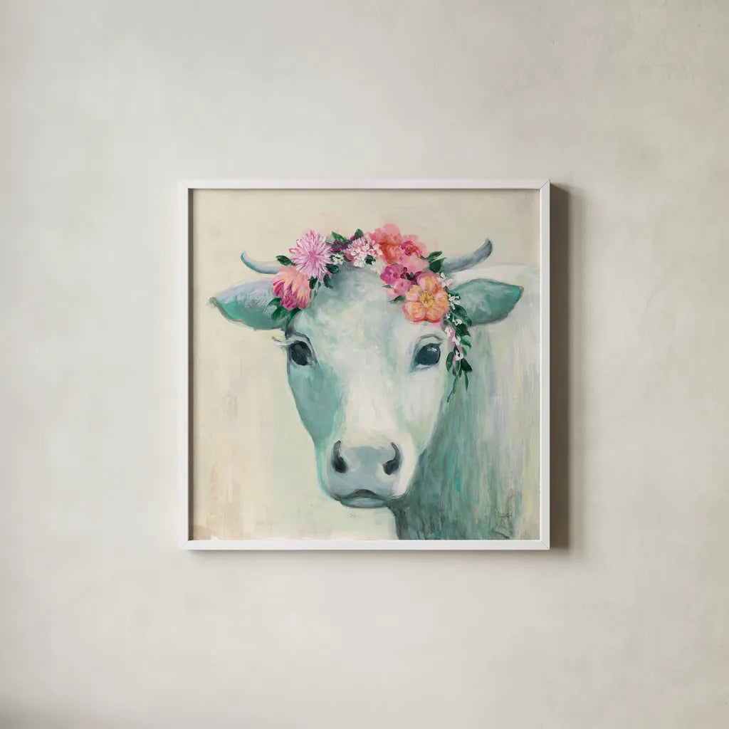 Festival Girl II by Julia Purinton. Shown in a crisp white glass frame for a clean and minimalist style. Available as an archival giclee rolled canvas, fine art paper, or poster print. SKU 50138a.